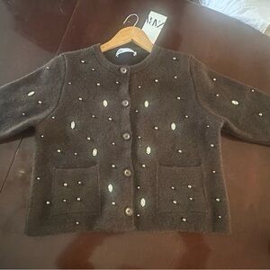 ZARA Brown Embellished Button-Front Cardigan
